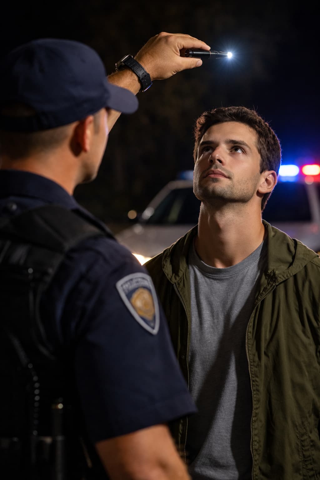 Officer administering an HGN field sobriety test using a penlight